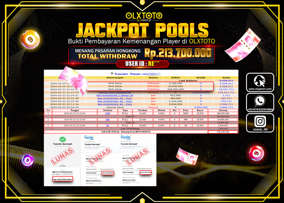OLXTOTO JACKPOT TOGEL POOL HONGKONG  Rp.213.700.000.,- LUNAS