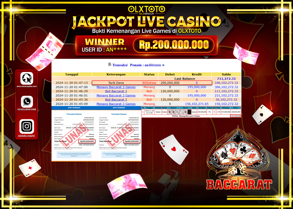OLXTOTO JACKPOT  LIVE GAMES BACCARAT 3 Rp.200.000.000.,- LUNAS