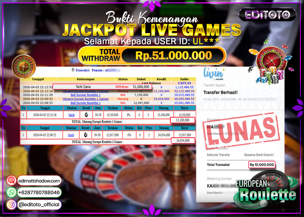 JACKPOT EDITOTO LIVE GAMES EUROPE ROULETTE Rp. 51.000.000.,- LUNAS