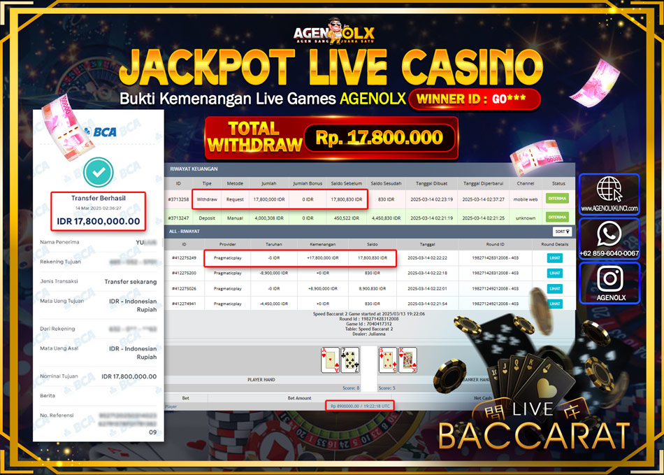 AGENOLX JACKPOT  LIVE CASINO BACCARAT Rp 17.800.000,- LUNAS