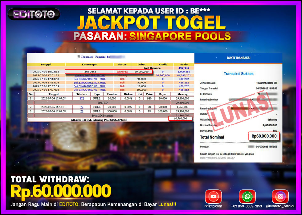 JACKPOT EDITOTO TOGEL PASARAN SINGAPORE POOLS Rp.60.000.000.,- LUNAS