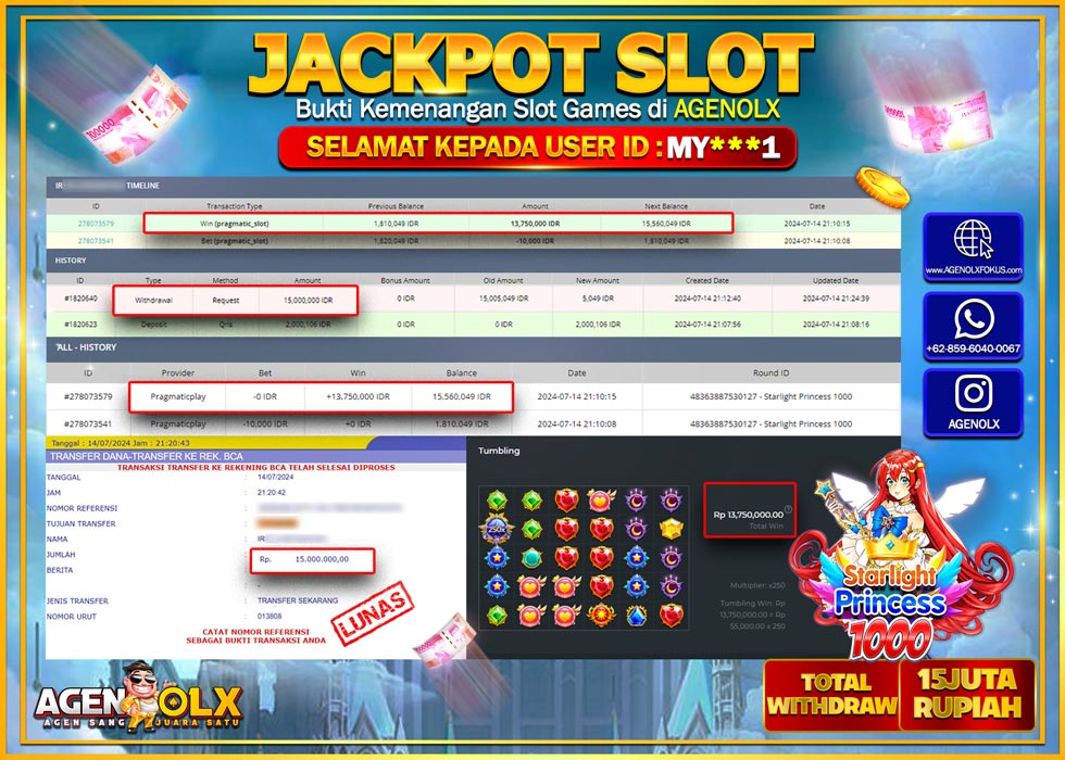 AGENOLX JACKPOT SLOT STARLIGHT PRINCESS 1000 Rp.15.000.000,- LUNAS