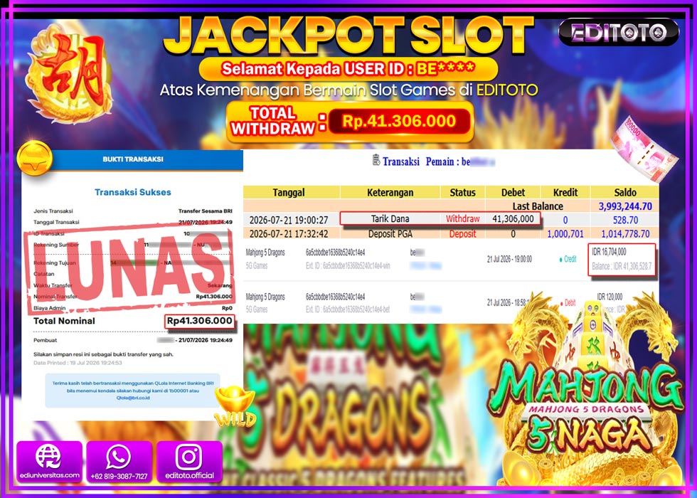 JACKPOT EDITOTO SLOT MAHJONG 5 NAGA Rp.41.306.000,- LUNAS