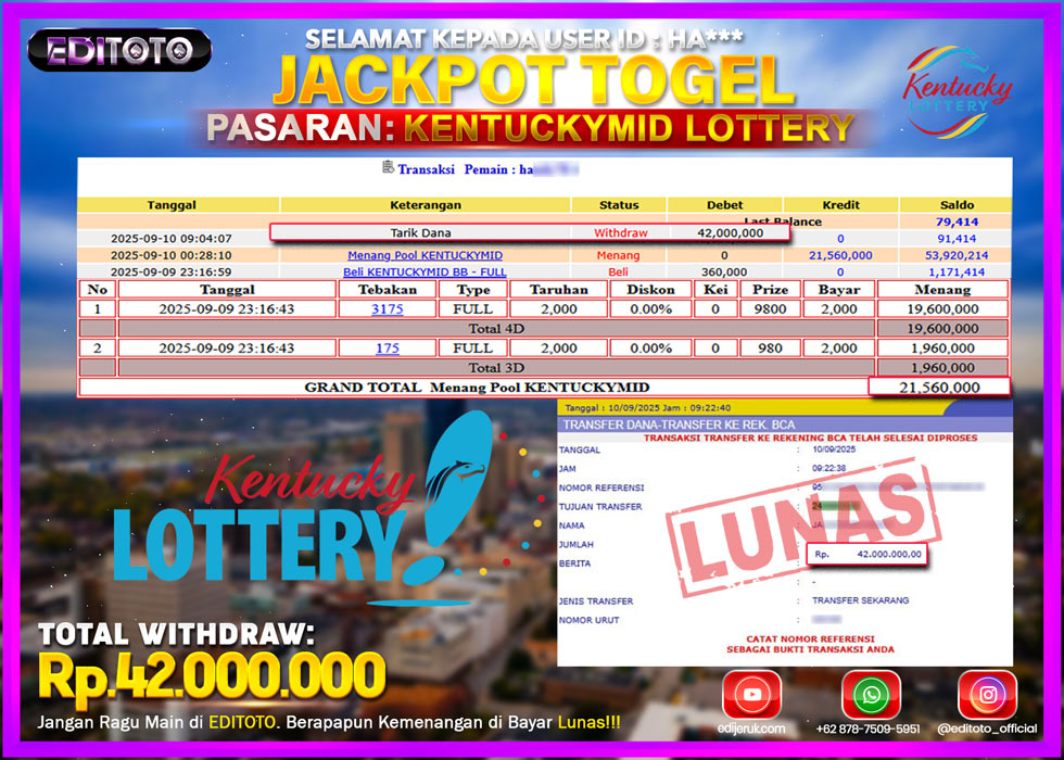 JACKPOT EDITOTO TOGEL PASARAN KENTUCKYMID LOTTERY Rp.42.000.000.,- LUNAS