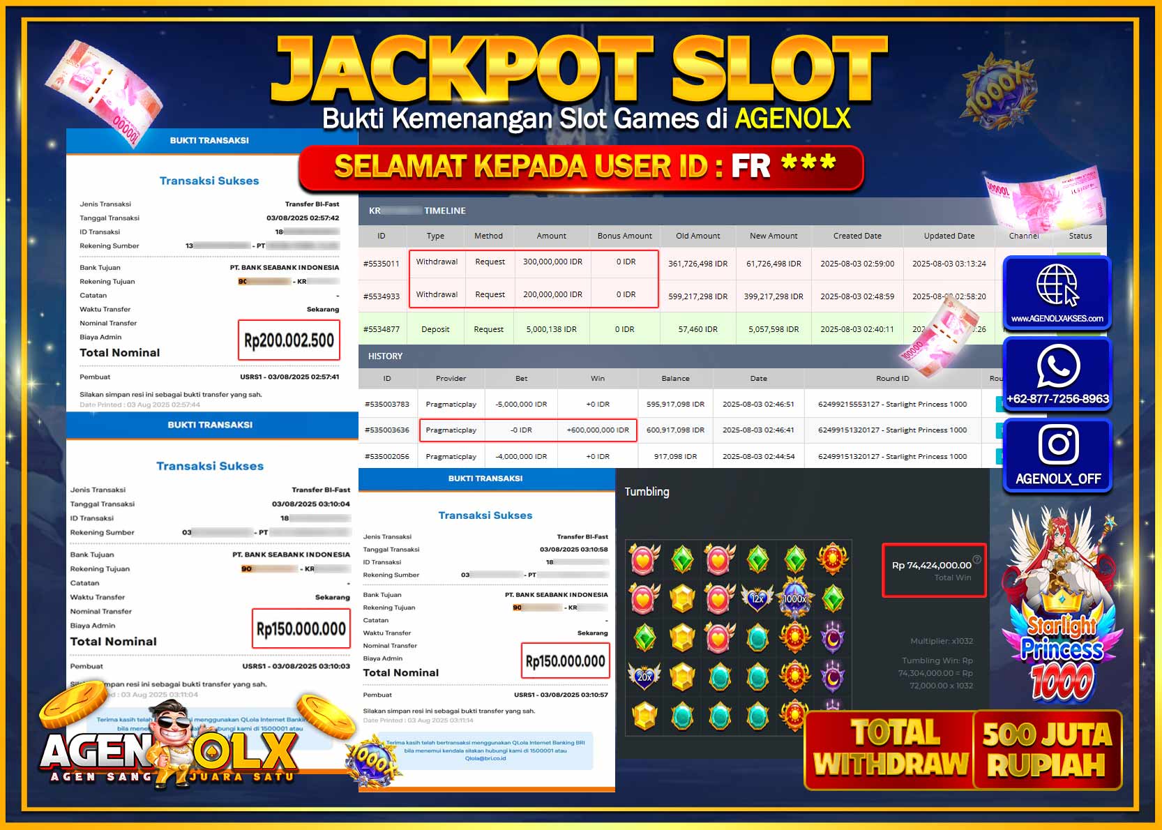 AGENOLX JACKPOT SLOT STARLIGHT PRINCESS 1000 Rp 500.000.000,- LUNAS