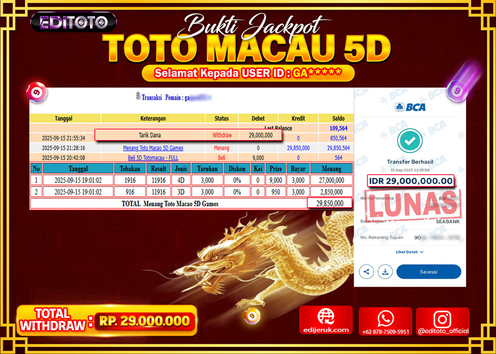JACKPOT EDITOTO TOGEL PASARAN TOTO MACAU 5D Rp.29.000.000.,- LUNAS