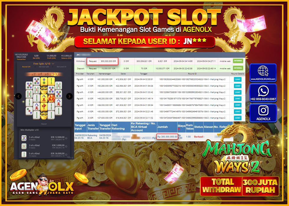 AGENOLX JACKPOT SLOT MAHJONG WAYS 2 Rp.300.000.000,- LUNAS