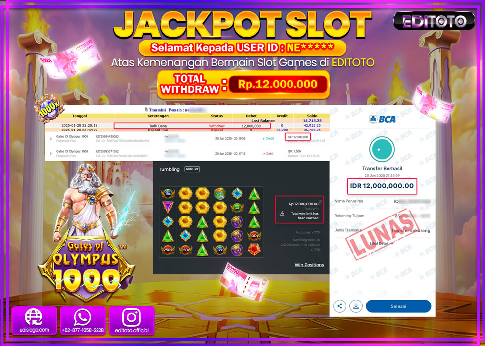 JACKPOT SLOT GATES OF OLYMPUS 1000  Rp.12.000.000.,- LUNAS