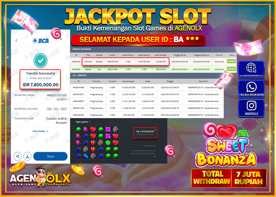 AGENOLX JACKPOT SLOT SWEET BONANZA  Rp 7.000.000,- LUNAS