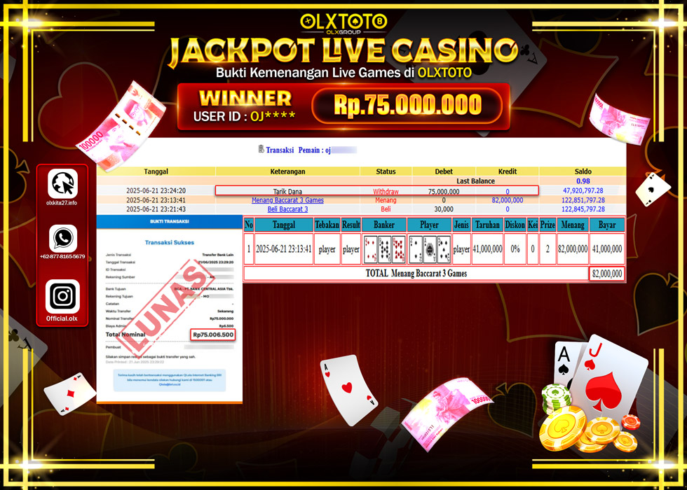 BONDAN69 JACKPOT LIVE GAMES BACCARAT 3  GAMES Rp.75.000.000.,- LUNAS