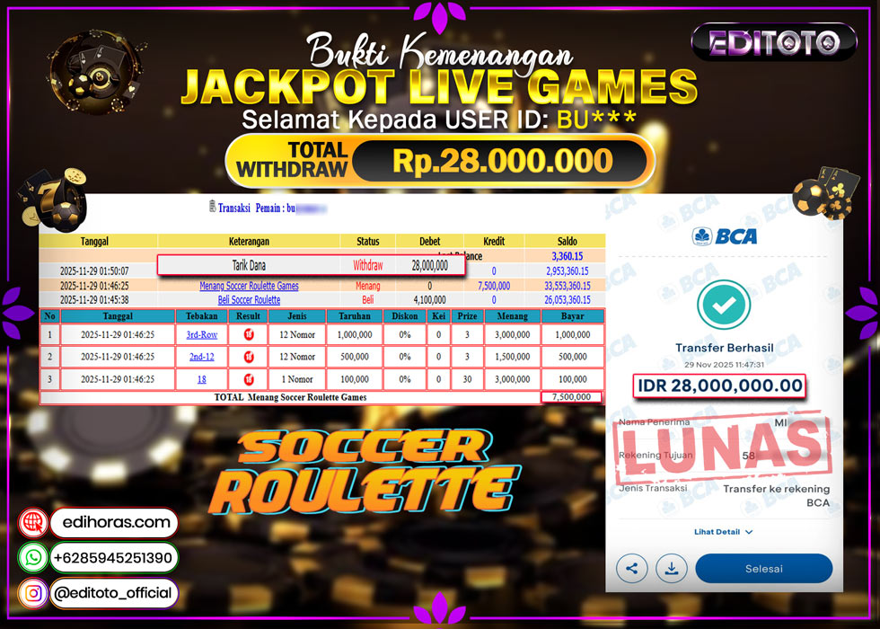 JACKPOT EDITOTO LIVE GAMES SOCCER ROULETTE Rp. 28.000.000.,- LUNAS