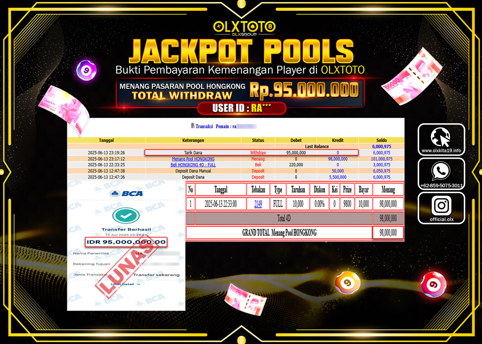 BONDAN69 JACKPOT  TOGEL POOL HONGKONG Rp.95.000.000.,- LUNAS