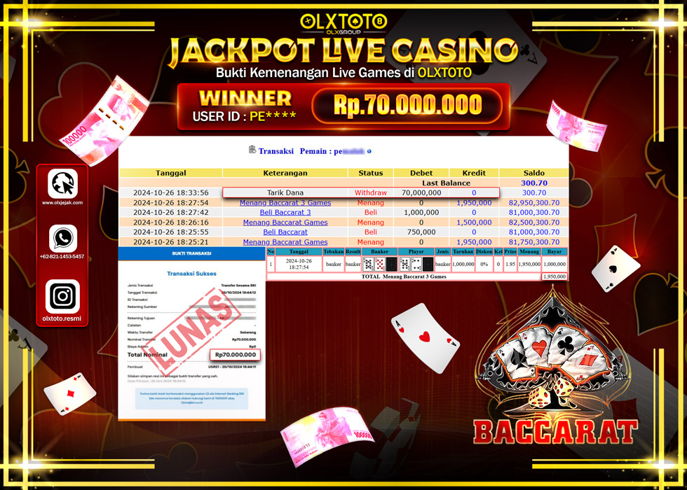 OLXTOTO JACKPOT  LIVE GAMES BACCARAT 3   Rp.70.000.000.,- LUNAS