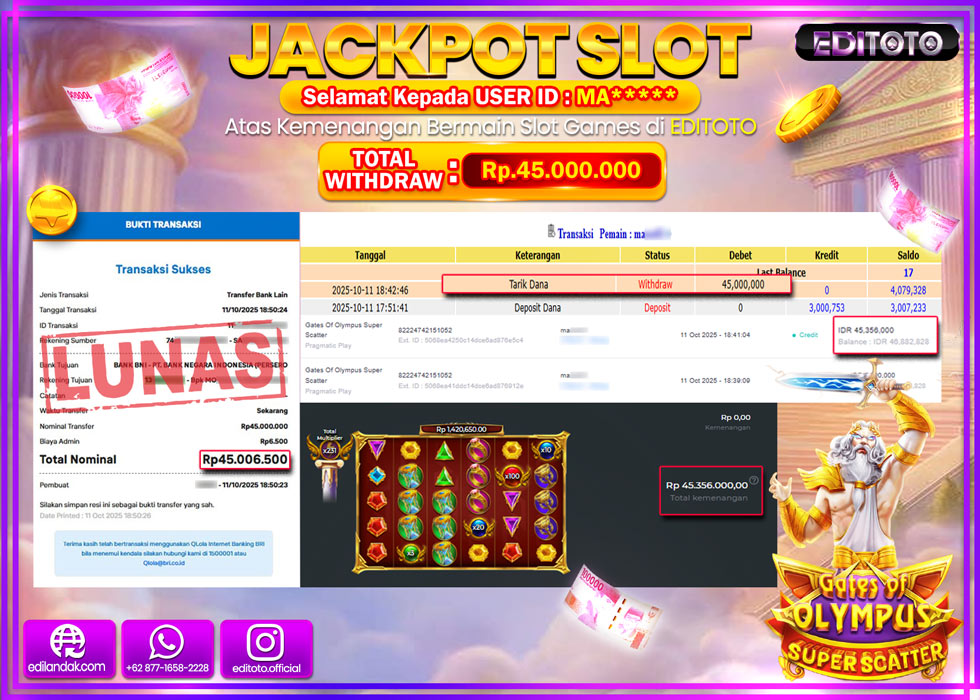 JACKPOT EDITOTO SLOT GATES OF OLYMPUS SUPER SCATTER  Rp.45.000.000,- LUNAS 