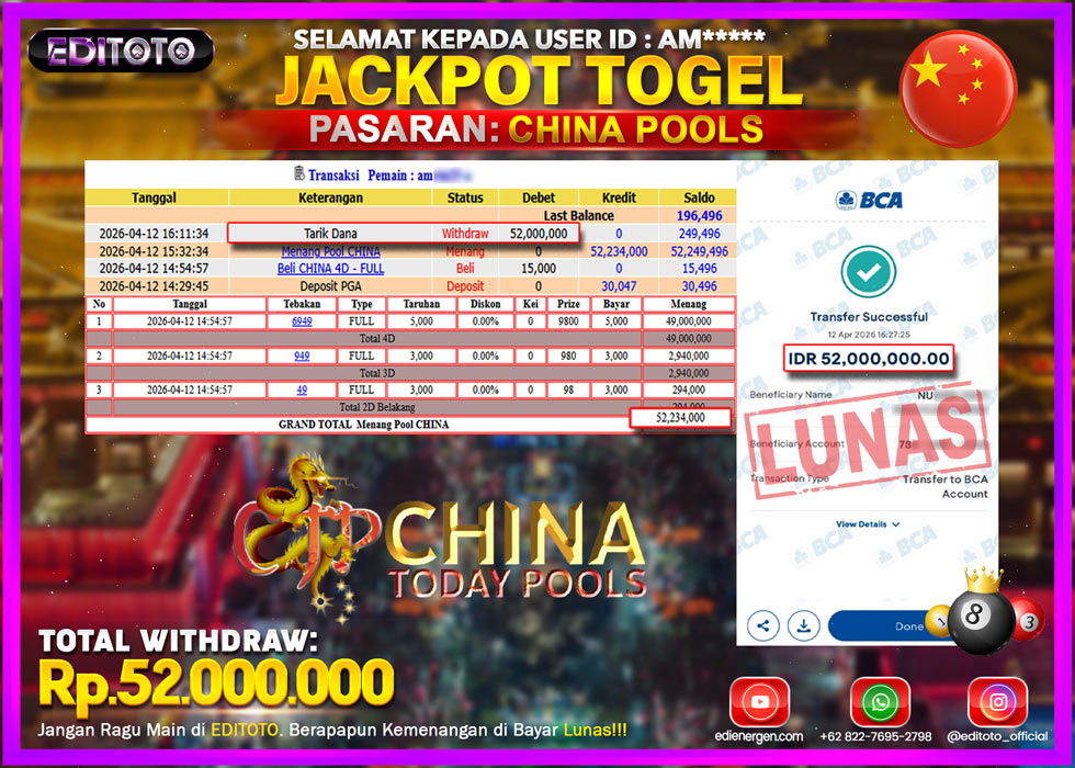 JACKPOT EDITOTO TOGEL PASARAN CHINA POOLS Rp.52.000.000.,- LUNAS