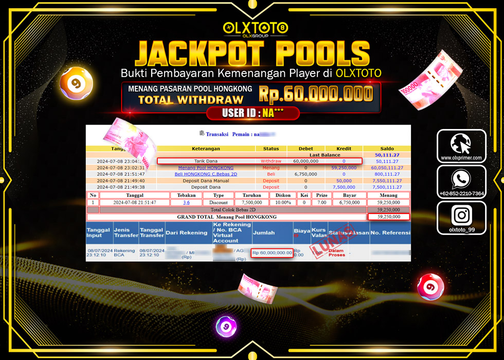 OLXTOTO JACKPOT  TOGEL POOL HONGKONG Rp.60.000.000.,- LUNAS