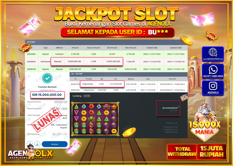 AGENOLX JACKPOT  SLOT 15.000X MANIA Rp 15.000.000,- LUNAS