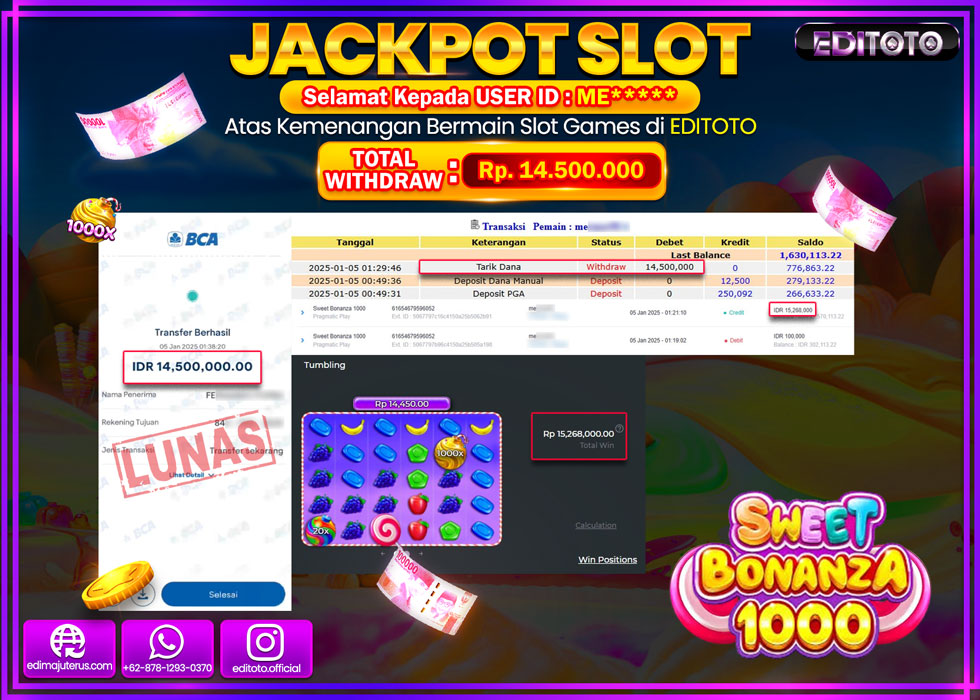 JACKPOT SLOT SLOT SWEET BONANZA 1000 Rp.14.500.000.,- LUNAS