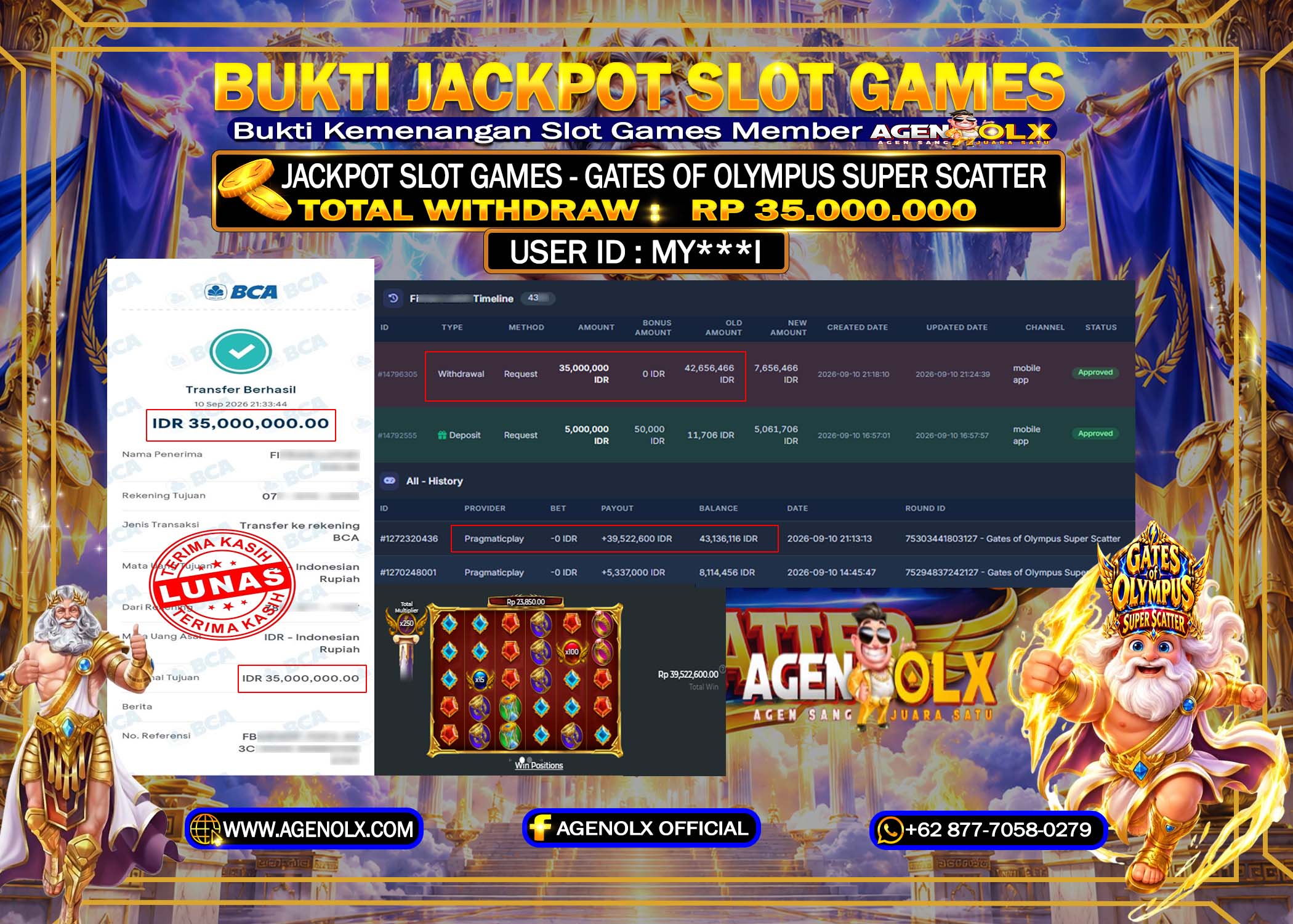 AGENOLX JACKPOT SLOT - GATES OF OLYMPUS SUPER SCATTER  Rp 35,000 ,000 -LUNAS