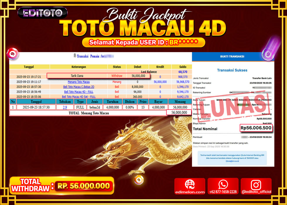 JACKPOT EDITOTO TOGEL PASARAN TOTO MACAU 4D Rp.56.000.000.,- LUNAS
