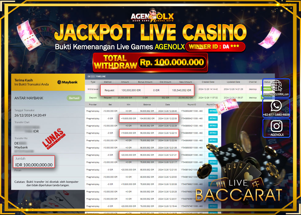 AGENOLX JACKPOT LIVE GAMES BACCARAT Rp 100.000.000,- LUNAS