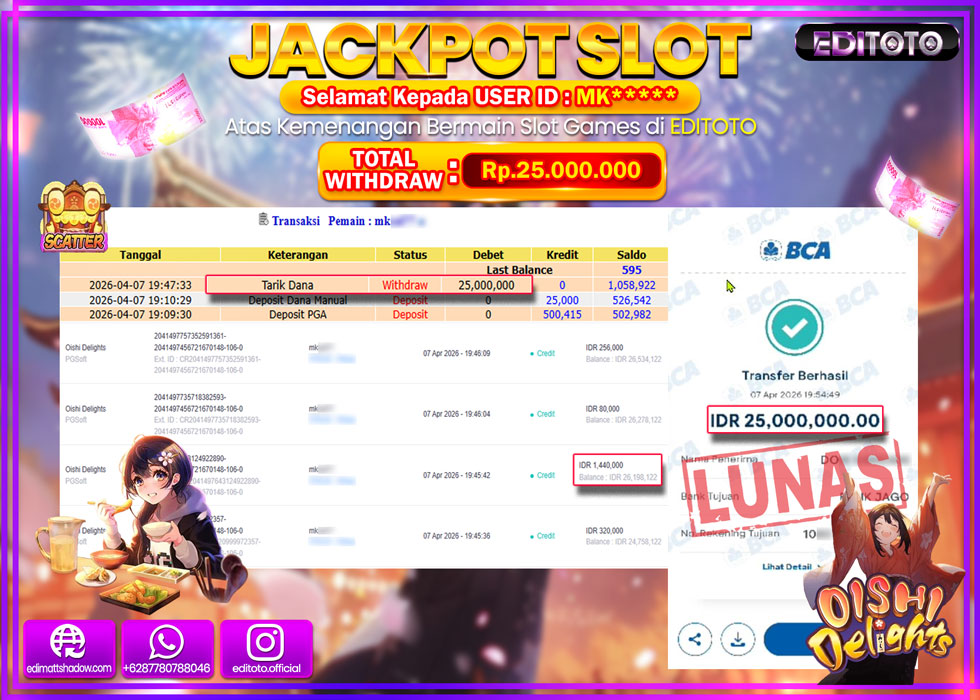JACKPOT EDITOTO SLOT OISHI DELIGHTS Rp.25.000.000,- LUNAS