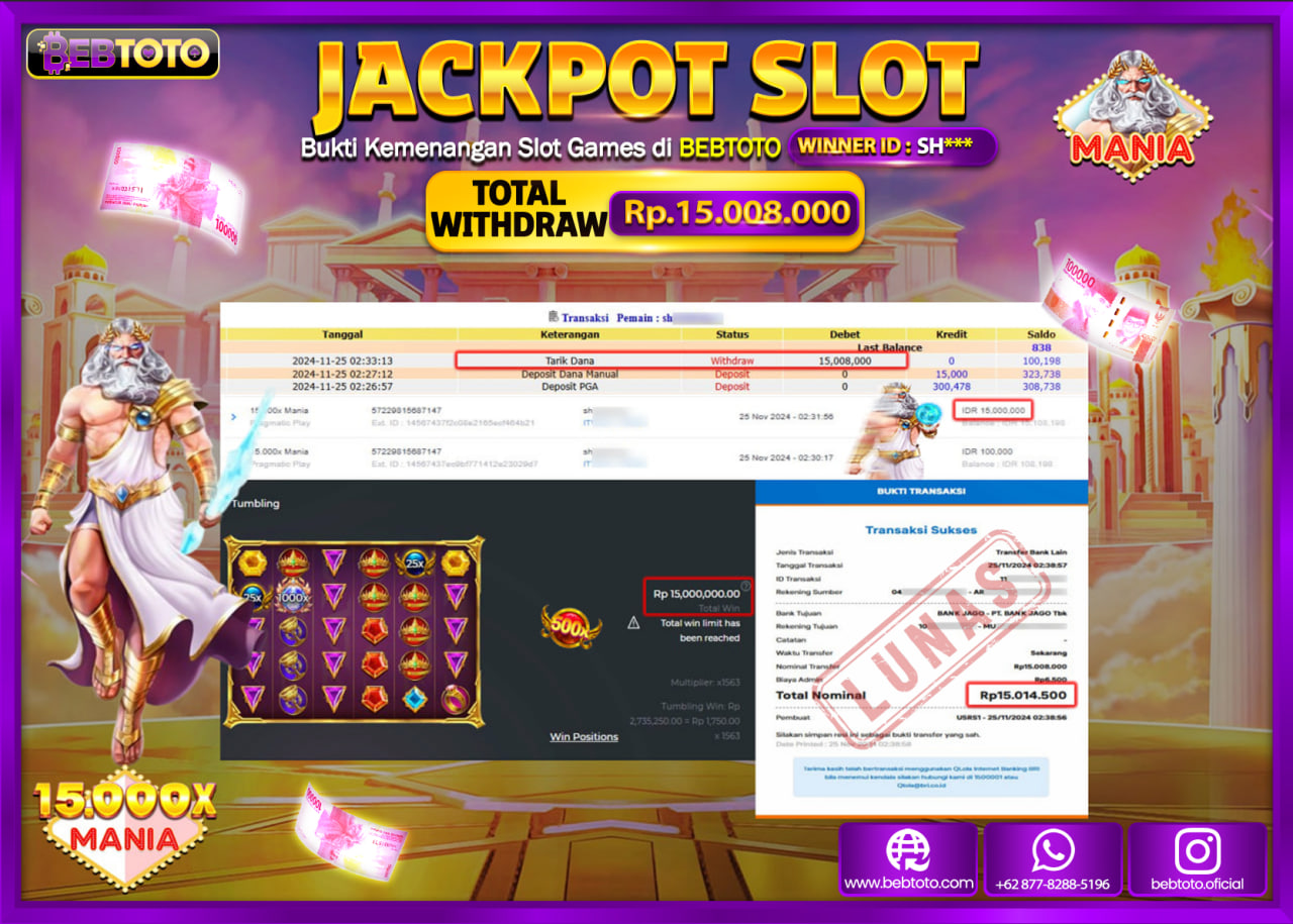 JACKPOT SLOT BEBTOTO 15.000X MANIA Rp.15.008.000.,- LUNAS
