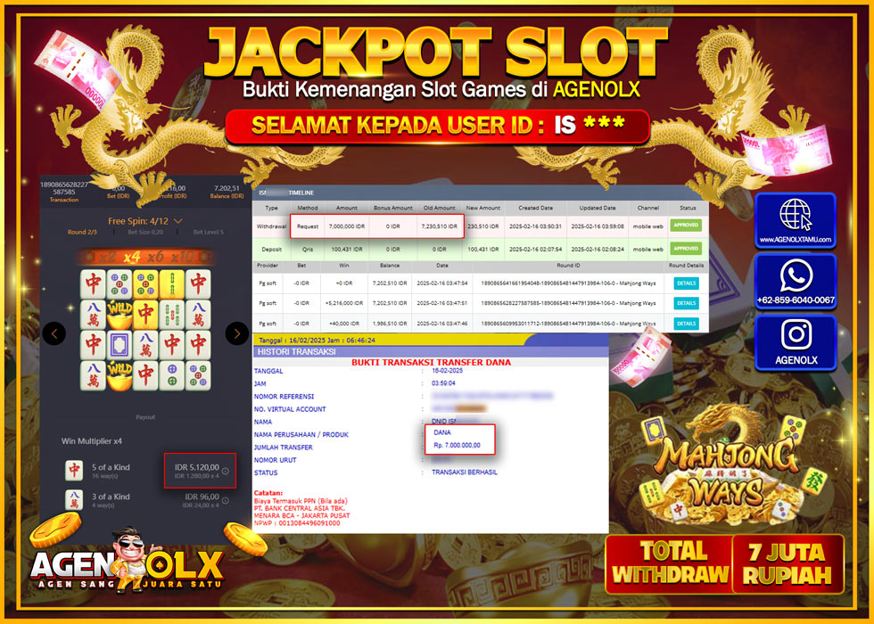 AGENOLX JACKPOT Provider PG SOFT Games MAHJONG WAYS  Rp 7.000.000,- LUNAS