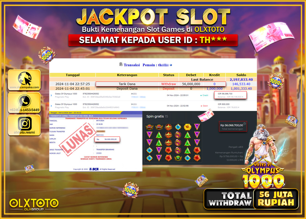 OLXTOTO JACKPOT  SLOT GATES OF OLYMPUS  1000 Rp.56.000.000.,- LUNAS