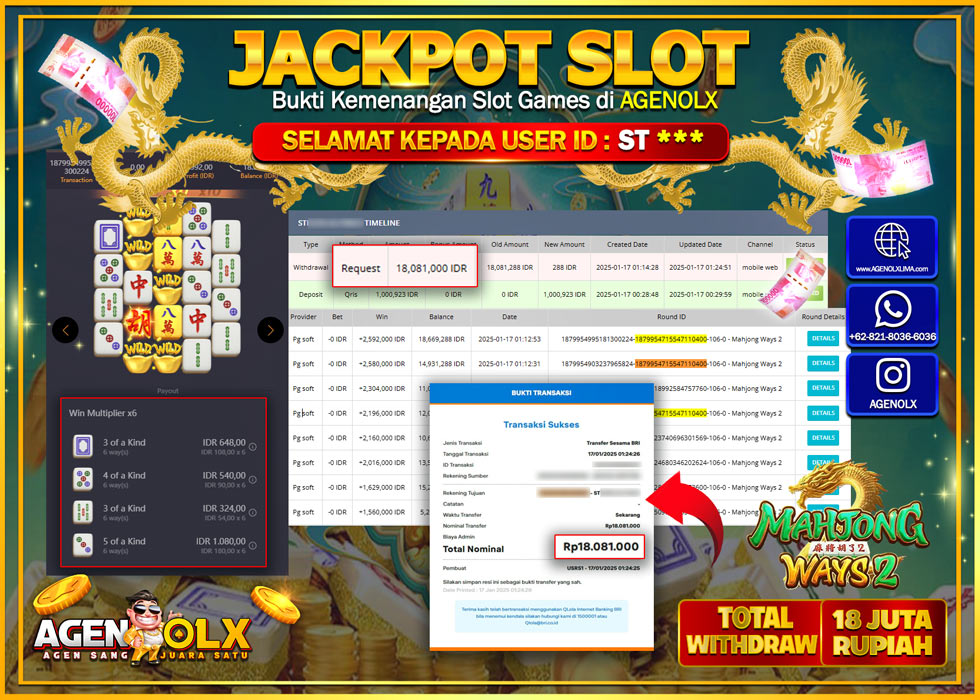 AGENOLX JACKPOT SLOT SLOT MAHJONG WAYS 2 Rp 18.000.000,- LUNAS