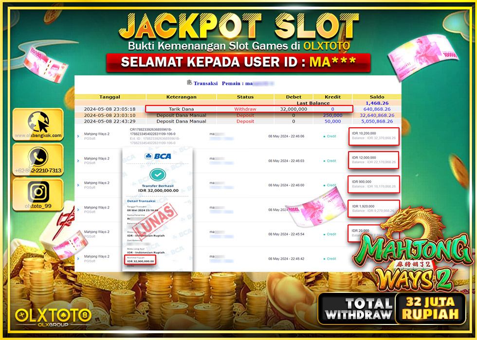 OLXTOTO JACKPOT SLOT MAHJONG WAYS 2  Rp.32.000.000.,- LUNAS