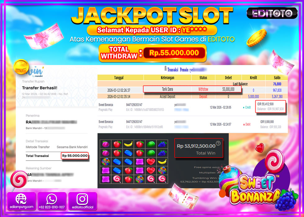 JACKPOT EDITOTO SLOT SWEET BONANZA Rp.55.000.000,- LUNAS