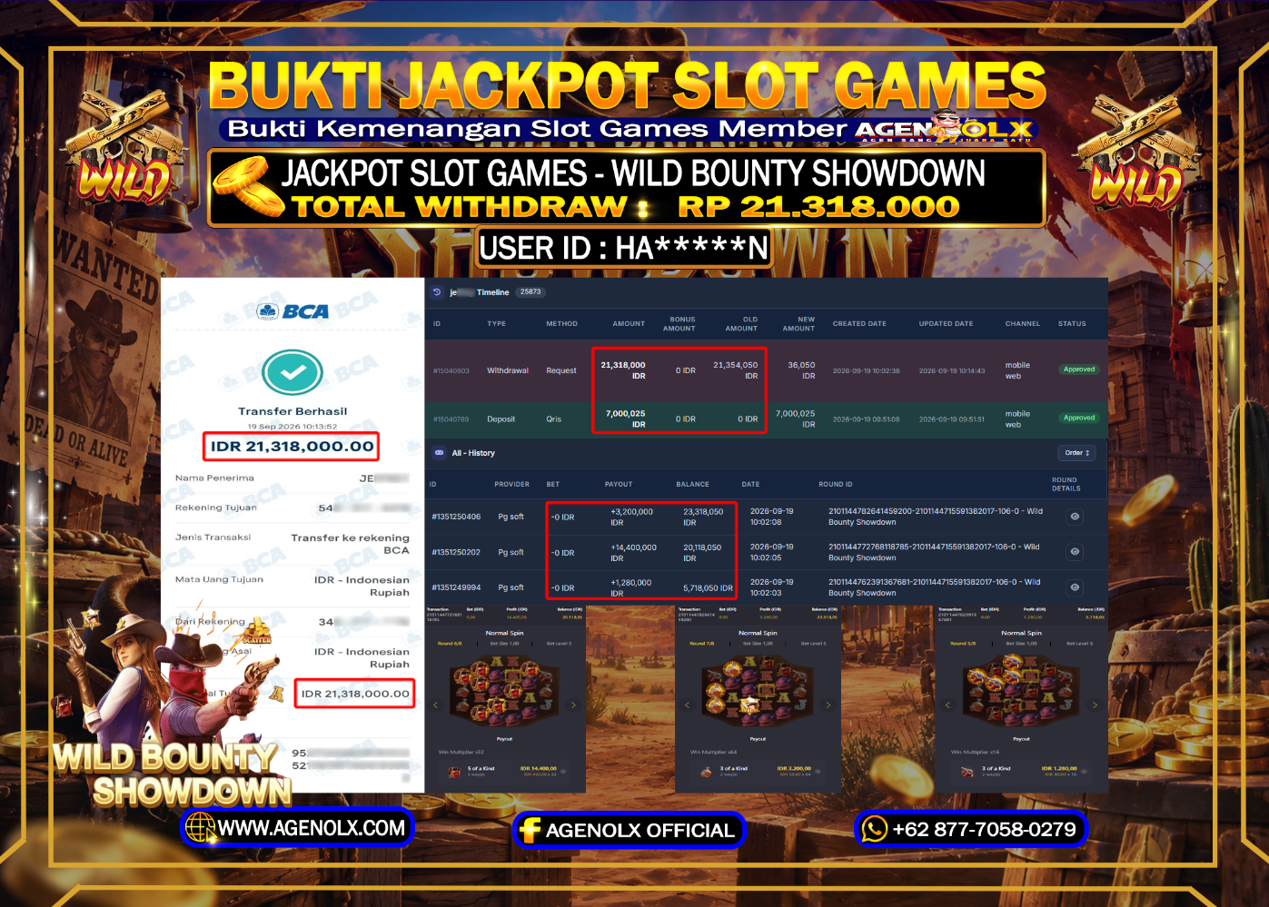 AGENOLX JACKPOT SLOT -  WILD BOUNTY SHOWDON - RP 21.318,000 - LUNAS