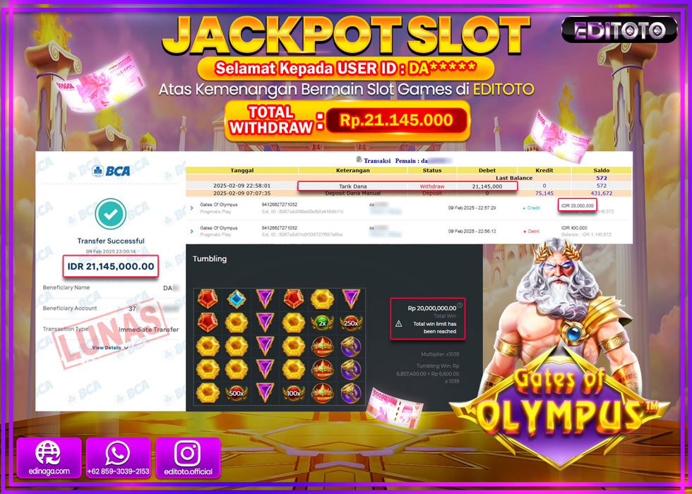 JACKPOT SLOT GATES OF OLYMPUS  Rp.21.145.000.,- LUNAS