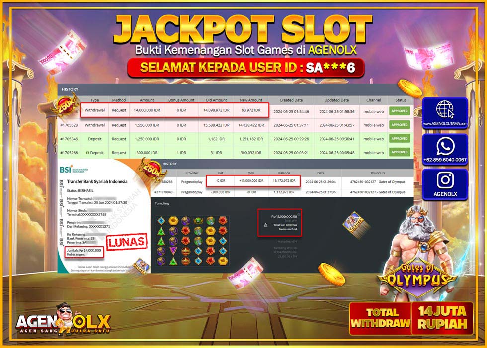 AGENOLX JACKPOT SLOT GATES OF OLYMPUS Rp.14.000.000,- LUNAS