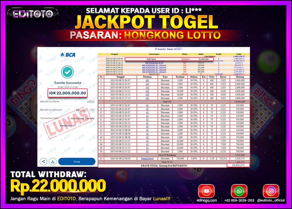 JACKPOT TOGEL PASARAN HONGKONG LOTTO Rp.22.000.000.,- LUNAS