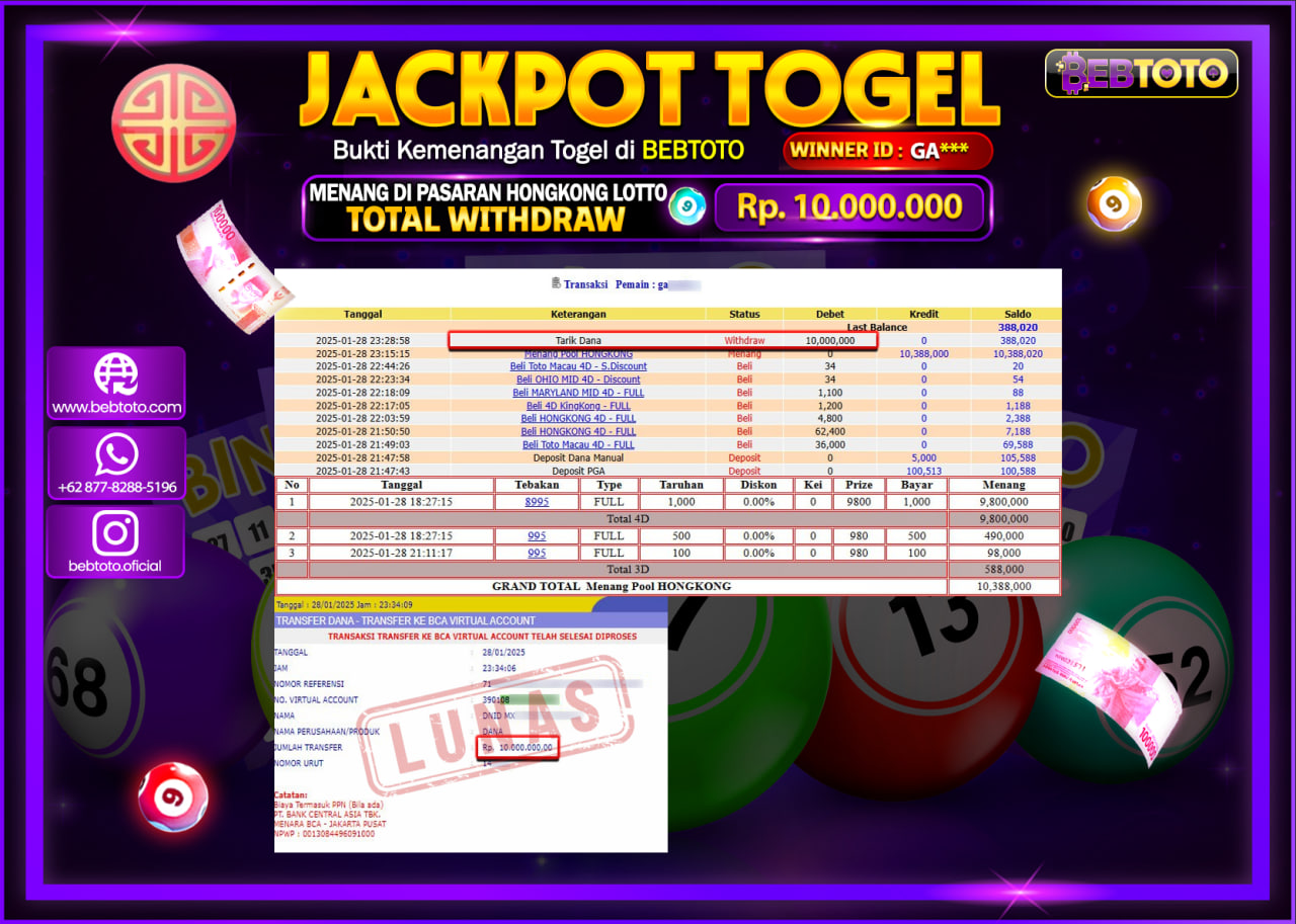 JACKPOT TOGEL BEBTOTO HONGKONG LOTTO Rp.10.000.000.,- LUNAS