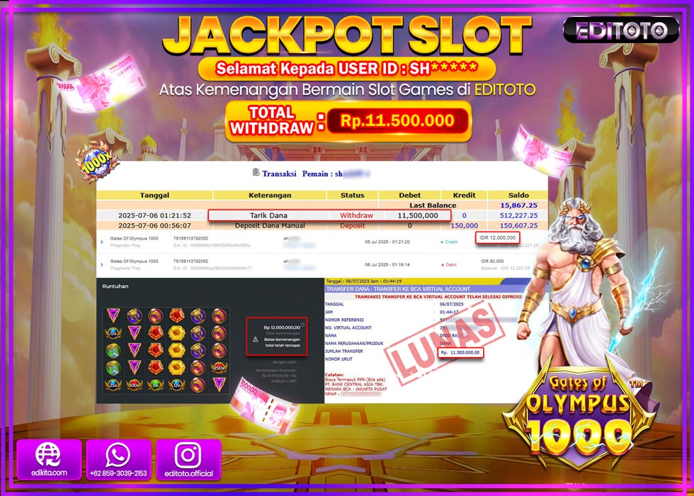 JACKPOT EDITOTO SLOT GATES OF OLYMPUS 1000 Rp.11.500.000,- LUNAS 