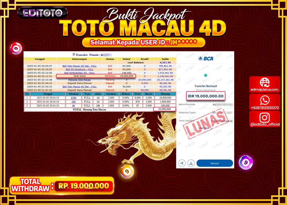 JACKPOT TOGEL PASARAN TOTOMACAU 4D Rp.19.000.000.,- LUNAS