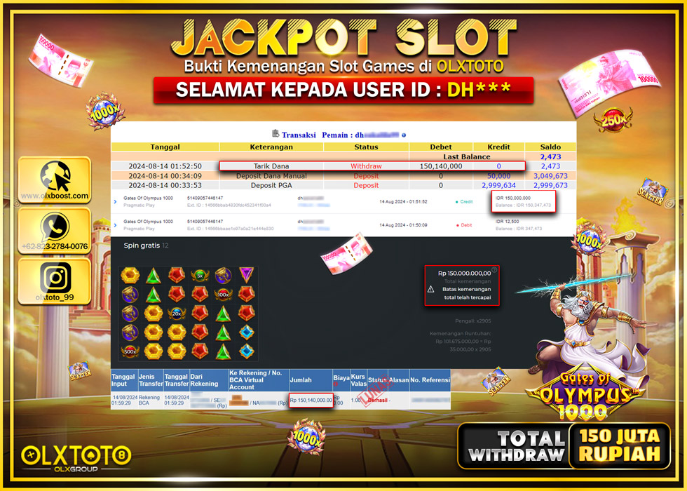 OLXTOTO JACKPOT  SLOT GARE OF OLYMPUS 1000 Rp.150.140.000.,- LUNAS