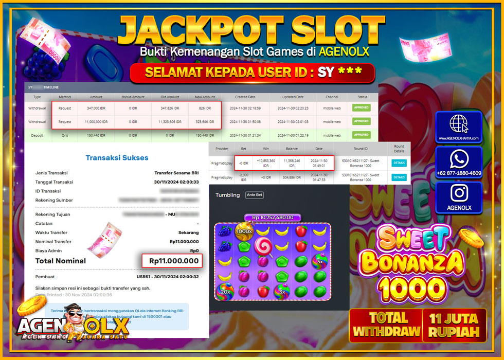 AGENOLX JACKPOT SLOT SWEET BONANZA 1000  Rp 11.000.000,- LUNAS