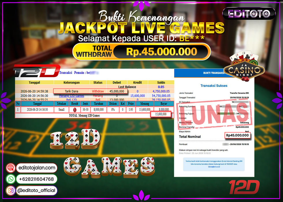 JACKPOT EDITOTO LIVE GAMES 12D GAMES  Rp. 45.000.000.,- LUNAS