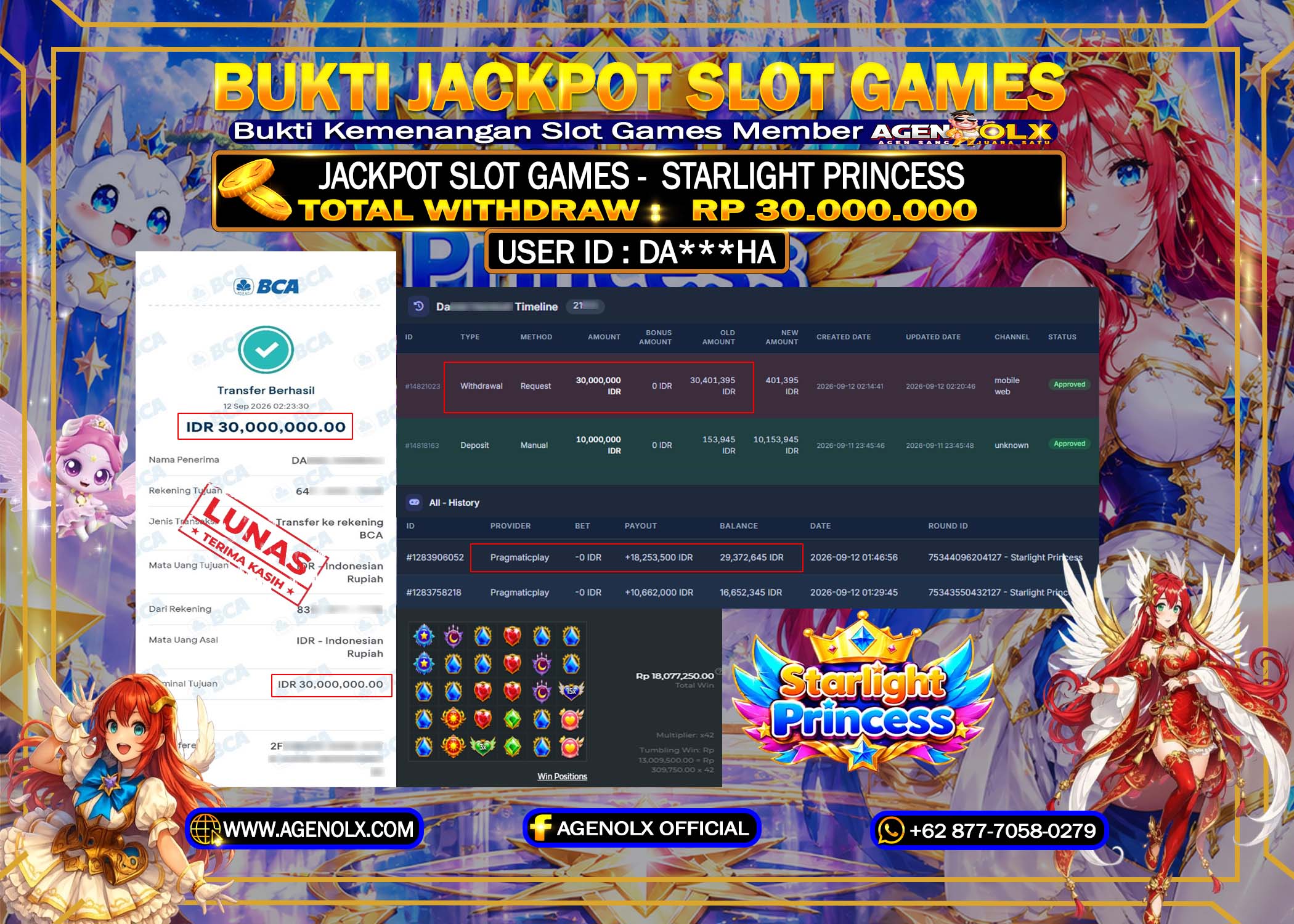 AGENOLX JACKPOT SLOT - STARLIGHT PRINCESS  Rp 30,000 ,000 -LUNAS