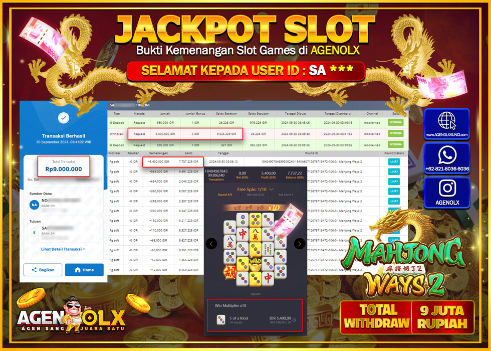 AGENOLX JACKPOT  SLOT MAHJONG WAYS 2 Rp.9.000.000,- LUNAS