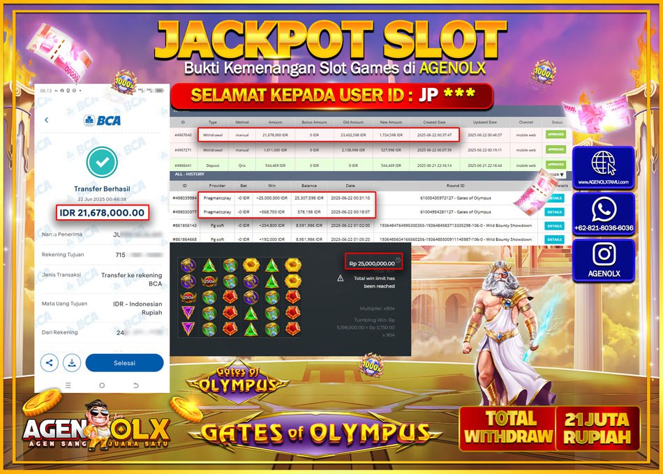 AGENOLX JACKPOT  SLOT GATE OF OLYMPUS Rp 21.678.000,- LUNAS