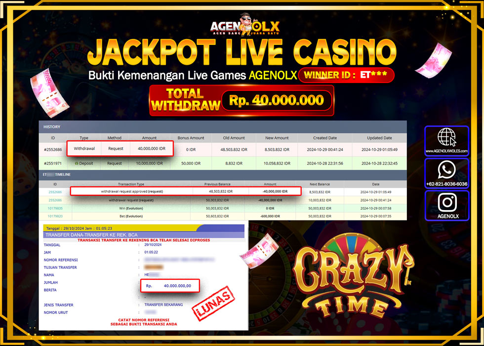 AGENOLX JACKPOT  LIVE CASINO CRAZY TIME  Rp 40.000.000,- LUNAS