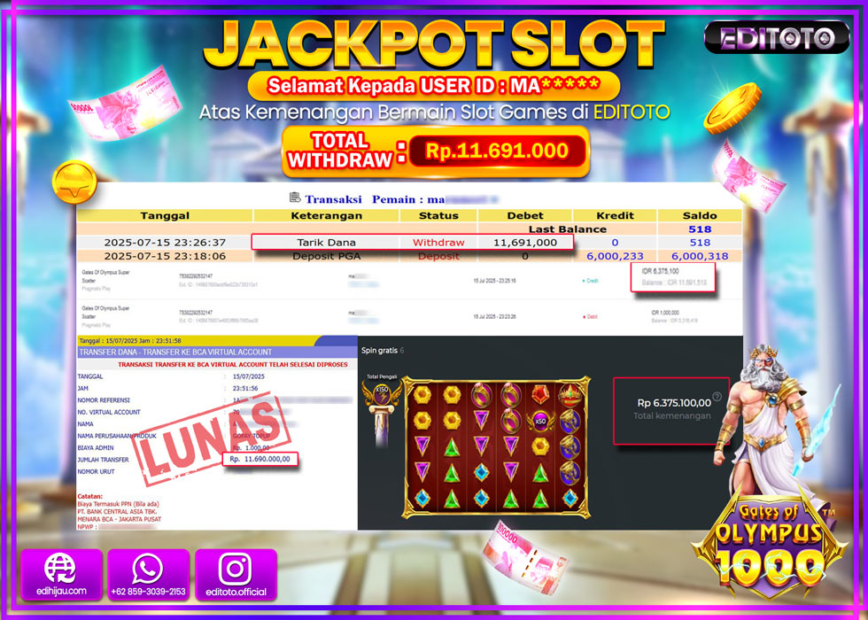 JACKPOT EDITOTO SLOT GATES OF OLYMPUS 1000 Rp.11.691.000,- LUNAS 