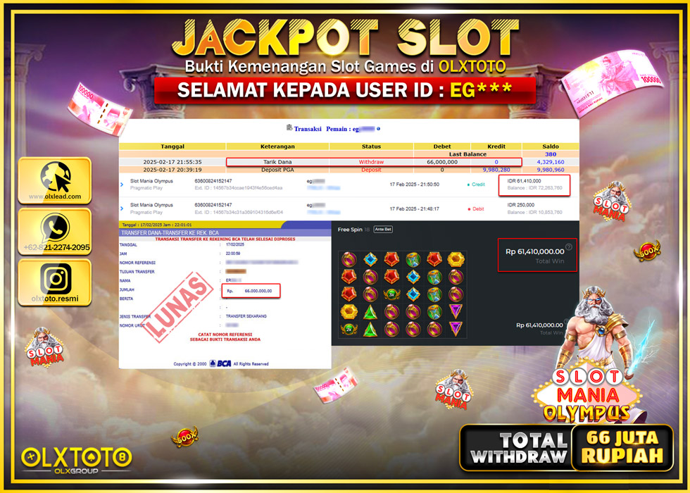OLXTOTO JACKPOT  SLOT MANIA OLYMPUS Rp.66.000.000.,- LUNAS
