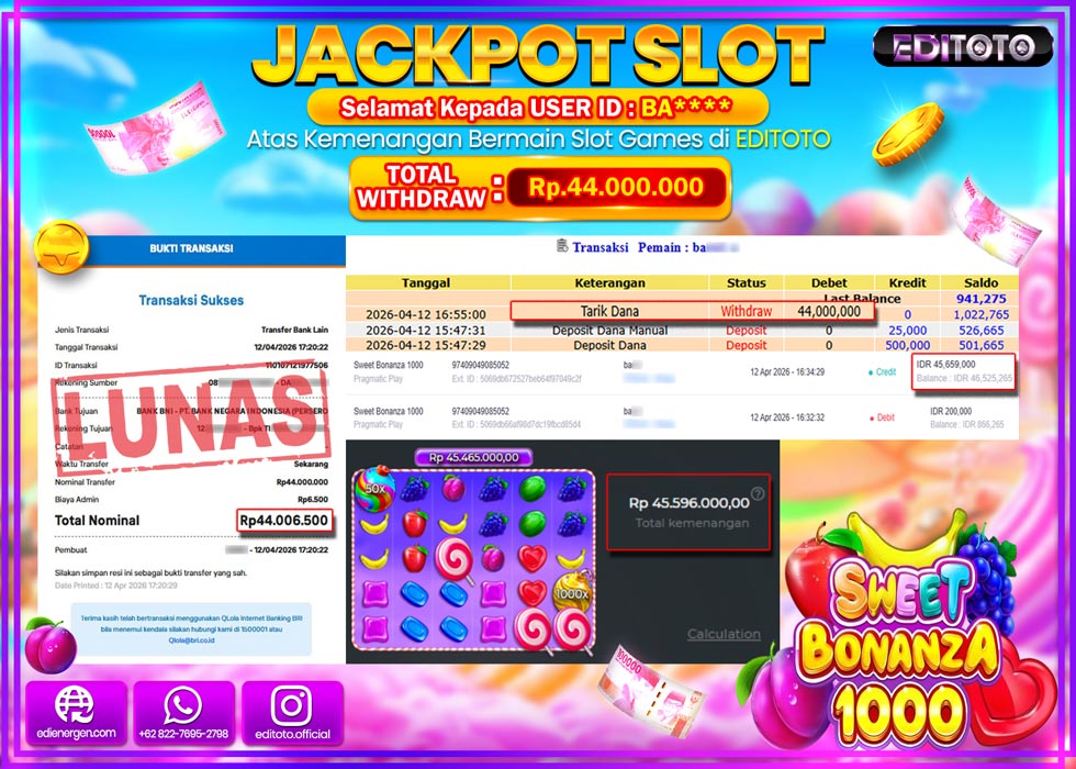 JACKPOT EDITOTO SLOT SWEET BONANZA 1000 Rp.44.000.000,- LUNAS