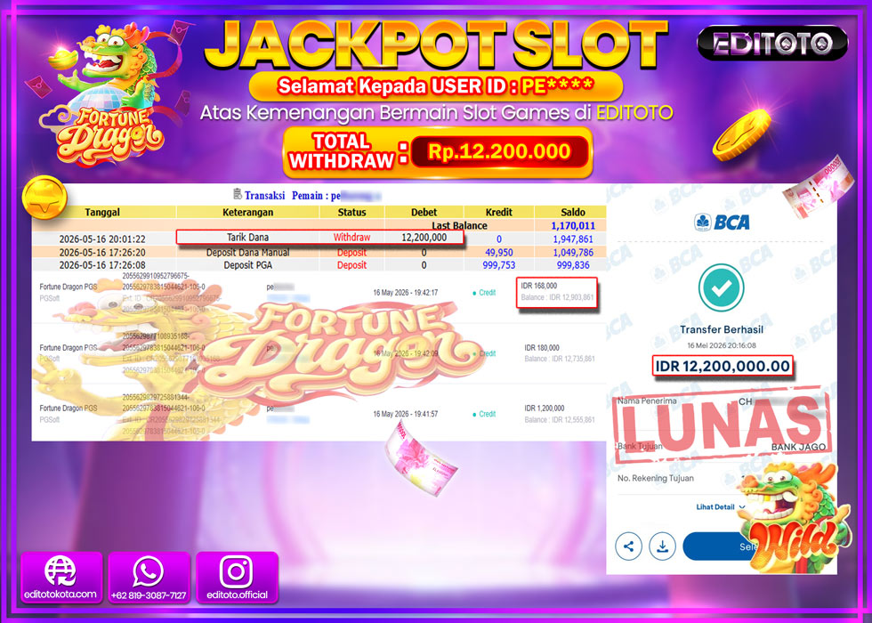 JACKPOT EDITOTO SLOT FORTUNE DRAGON  Rp.12.200.000,- LUNAS
